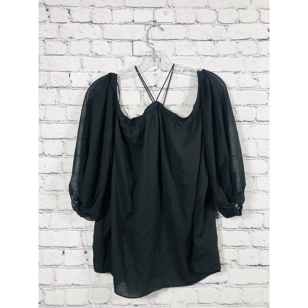 1.STATE Women's‎  Chiffon Blouse Sheer 3/4 Sleeve Cold Shoulder Black Size M